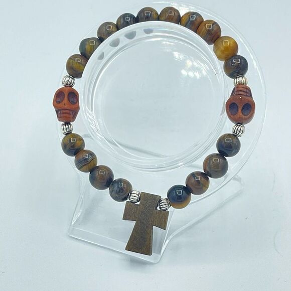 Crystal beaded stretch bracelet ONE NEW yellow tiger eye cross skull reiki medit - Picture 6 of 9